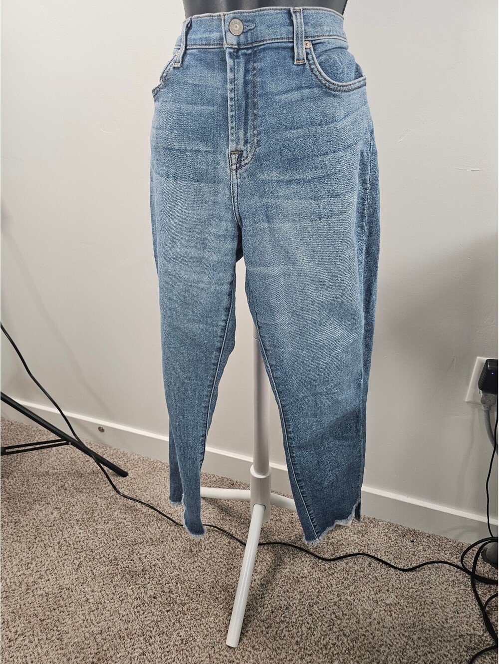 7 For All Mankind High-Waisted Light Blue Denim Jeans with Raw Hem